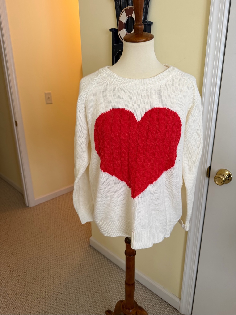 White Sweater with Red Heart Graphic - Women Sweaters